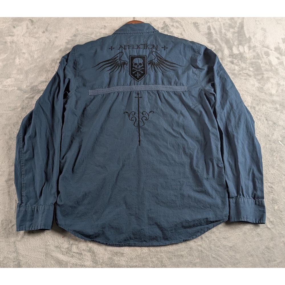 Affliction Black Premium Shirt Mens M Blue Skull Wings Long Sleeve Embroidered - Picture 2 of 11